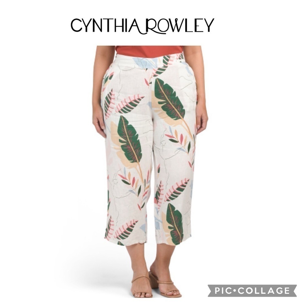 Cynthia Rowley 100% Linen Tropical Print Wide Leg Crop Pants plus Size 1X NWT